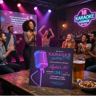 Neon-Karaoke-Geburtstagsfeier-Mikrofon Quadrat  Einladung