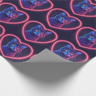 Neon-Katze-Herz-Design – Süße leuchtende Katzenlie Geschenkpapier