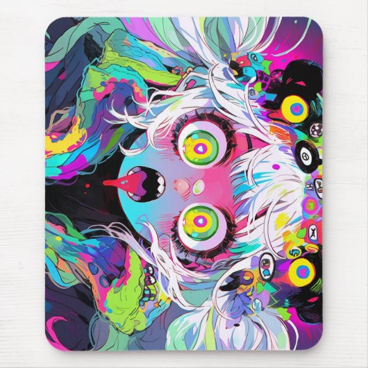 Neon Kawaii Shockwave: Psychedelisches Anime-Mädch Mousepad (Vorne)