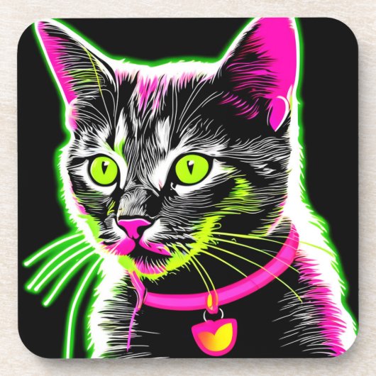 Neon Kitty Feline Art Getränkeuntersetzer (Vorderseite)