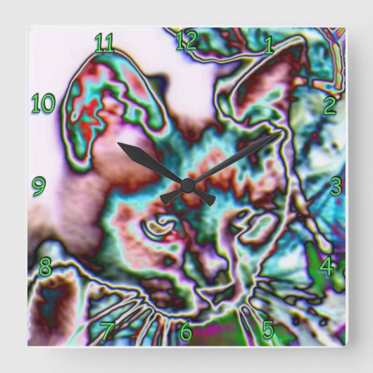 Neon Kitty Quadratische Wanduhr (Vorderseite)