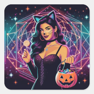 Neon-Kosmik-Katz-Mädchen-Süßigkeiten-Eimer-Quadrat Quadratischer Aufkleber