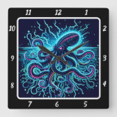 Neon Kraken Octopus Shadow Reef Quadratische Wanduhr (Vorderseite)