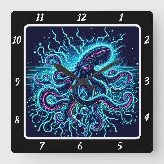 Neon Kraken Octopus Shadow Reef Quadratische Wanduhr (Vorderseite)