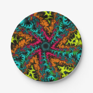 Neon Kunst des Blauen und orangen Fraktals Pappteller