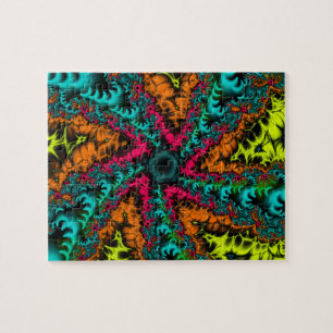 Neon   Kunst des Blauen und orangen Fraktals Puzzle