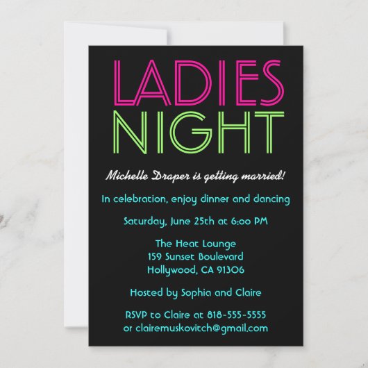 Neon Ladys Night Card Einladung (Vorderseite)