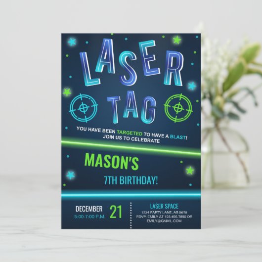 Neon Laser Tag Blue Einladung (Stehend Vorderseite)