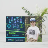 Neon Laser Tag Blue Foto Einladung (Stehend Vorderseite)