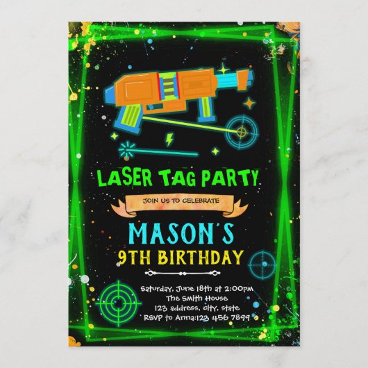 Neon Laser Tag boy theme invitation Einladung (Vorderseite)