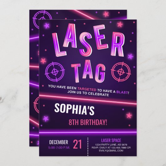 Neon Laser Tag Lila Einladung (Vorne/Hinten)