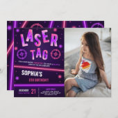 Neon Laser Tag Lila Foto Einladung (Vorne/Hinten)