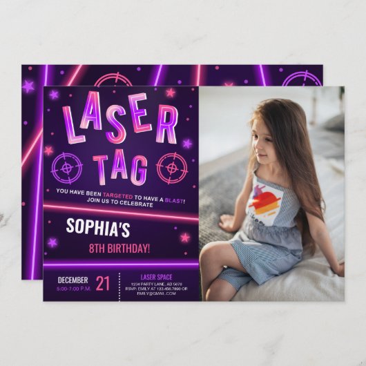Neon Laser Tag Lila Foto Einladung (Vorne/Hinten)