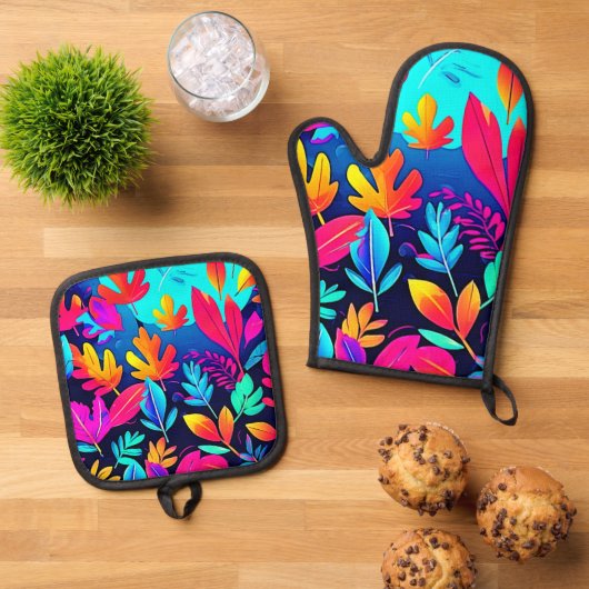Neon Leaf Paradise Ofenhandschuh & Topflappen-Set (Oben Unten)