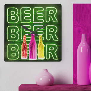 Neon-LED-Bier-Schild Grün Quadratische Wanduhr