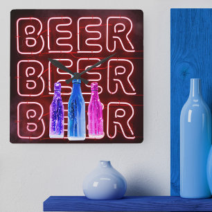 Neon-LED-Bier-Schild Rot Quadratische Wanduhr
