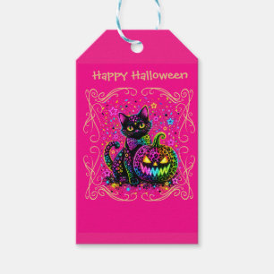 Neon Leopard Halloween-Katze und Kürbis-Party Geschenkanhänger