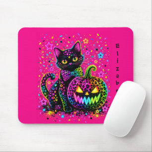 Neon Leopard Halloween-Katze und Kürbis-Party Mousepad