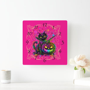 Neon Leopard Halloween-Katze und Kürbis-Party Quadratische Wanduhr