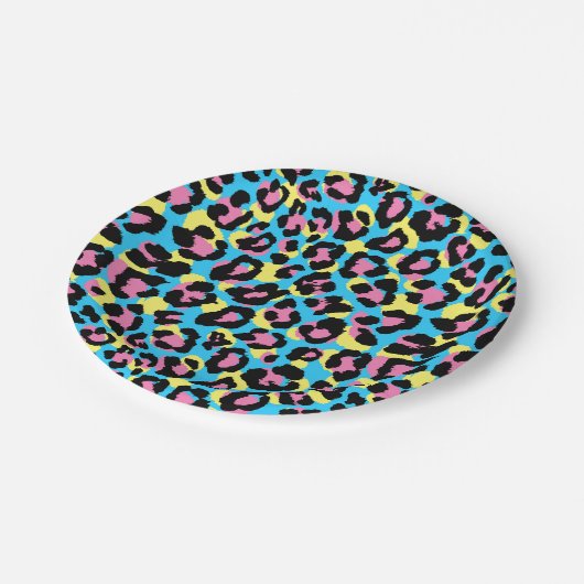 Neon Leopard Spots Muster Pappteller (Schrägansicht)