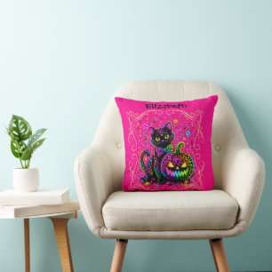 Neon-Leoparden-Halloween-Katze und Kürbis-Party Kissen