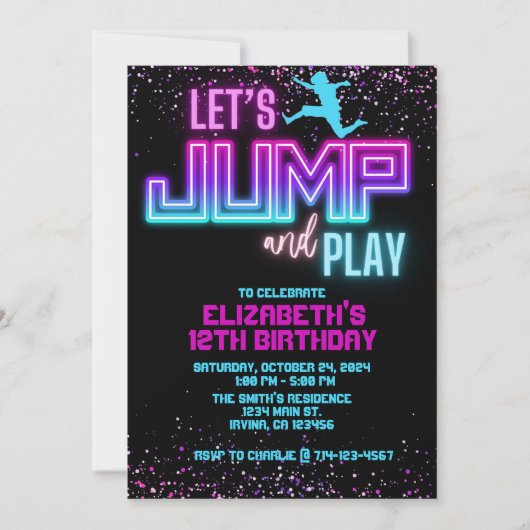 Neon Let's Jump and Play Birthday Einladungs-Vorla Einladung (Vorderseite)
