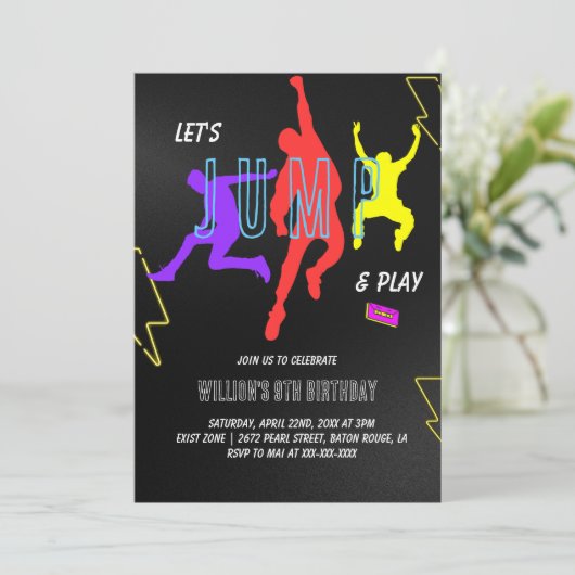 Neon Let's Jump Kindergeburtstag Party Einladung (Stehend Vorderseite)