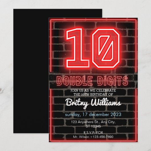 Neon Light 10. Geburtstag Einladung (Vorne/Hinten)