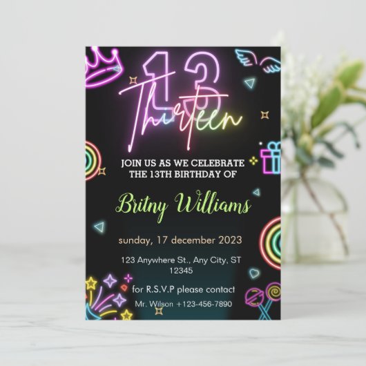 Neon Light 13. Geburtstag Einladung (Stehend Vorderseite)