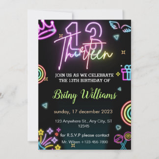 Neon Light 13. Geburtstag Einladung
