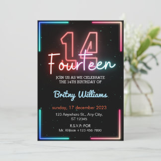 Neon Light 14. Geburtstag Einladung
