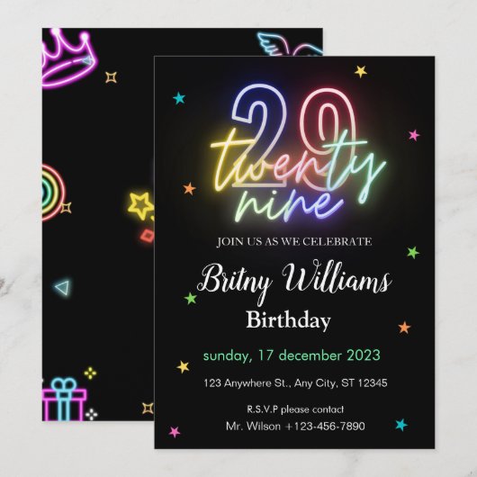 Neon Light 29. Geburtstag Einladung (Vorne/Hinten)