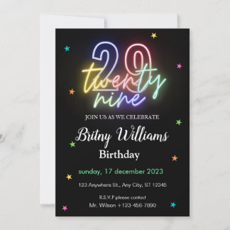 Neon Light 29. Geburtstag Einladung