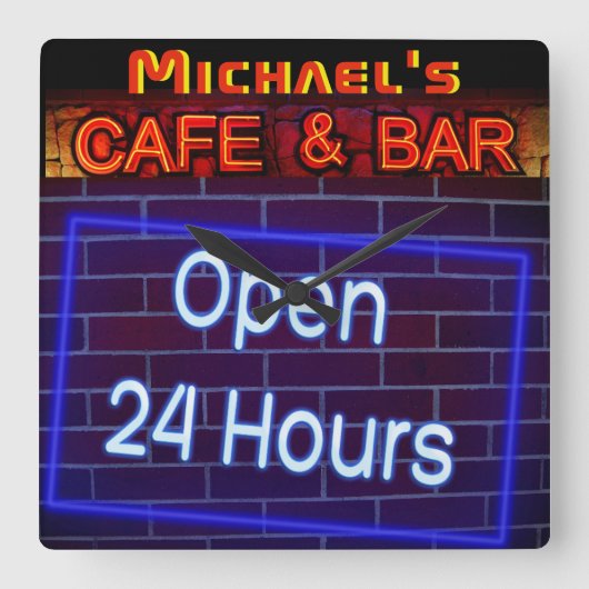 Neon Light BAR CAFE OPen ALL Hours Personalisiert  Quadratische Wanduhr (Vorderseite)