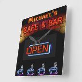 Neon Light BAR CAFE OPen Coffee Cups Personalisier Quadratische Wanduhr (Winkel)