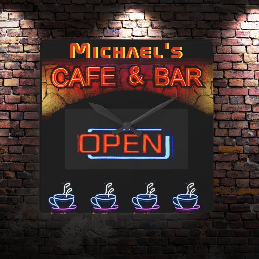 Neon Light BAR CAFE OPen Coffee Cups Personalisier Quadratische Wanduhr