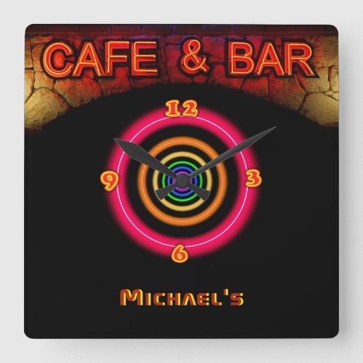 Neon Light BAR CAFE Personalisiert SIGN ManCave Quadratische Wanduhr (Vorderseite)