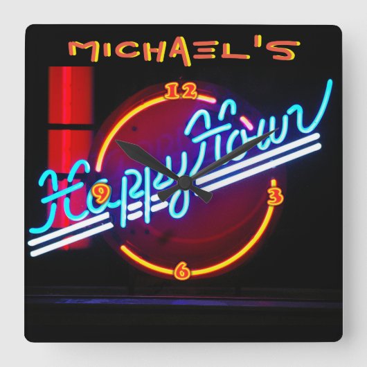 Neon Light Bar Sign Tavern Den Mancave Happy Hour Quadratische Wanduhr (Vorderseite)