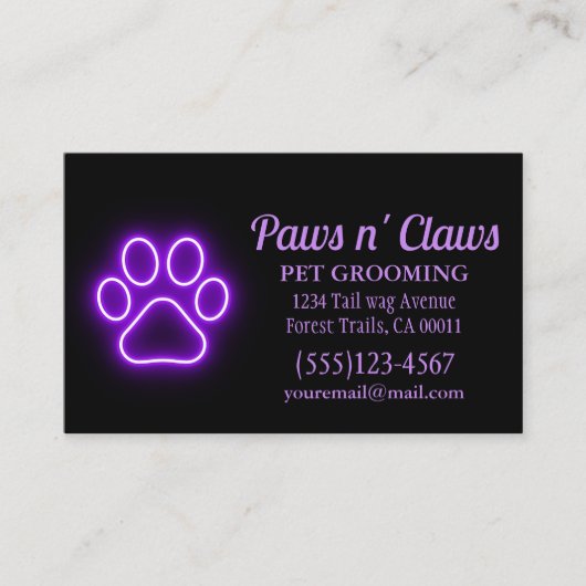 Neon Light Dog Paw Pet Grooming Visitenkarte (Vorderseite)