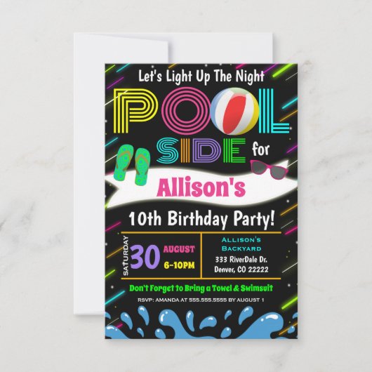 Neon Light up the Night Pool Party Einladung (Vorderseite)