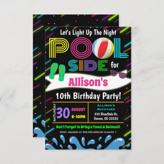 Neon Light up the Night Pool Party Einladung (Vorne/Hinten)