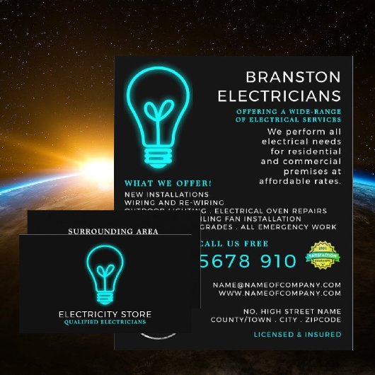 Neon Lightbulb, Elektriker Visitenkarte