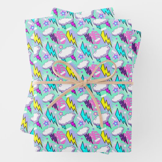 Neon Lightning Bolts & Stars Muster Geschenkpapier Set (Beispiel)