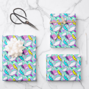 Neon Lightning Bolts & Stars Muster Geschenkpapier Set
