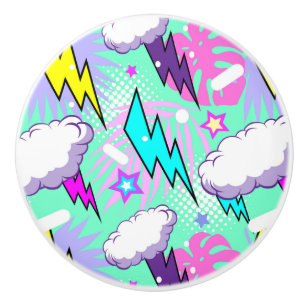 Neon Lightning Bolts & Stars Muster Keramikknauf
