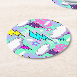 Neon Lightning Bolts & Stars Muster Runder Pappuntersetzer