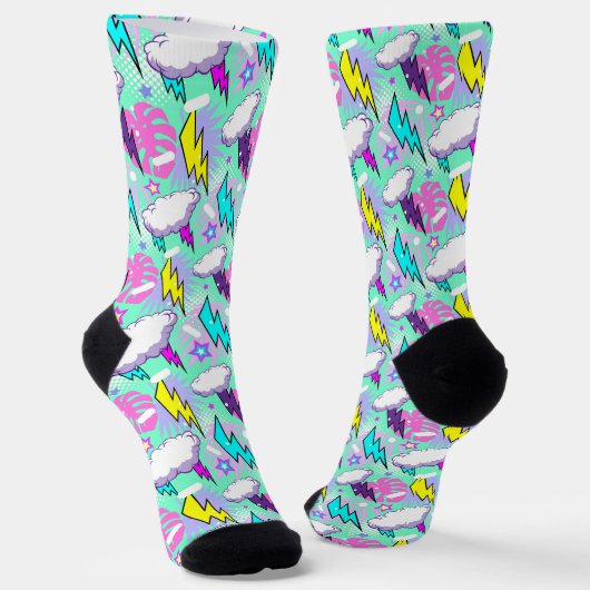Neon Lightning Bolts & Stars Muster Socken (Gewinkelt)