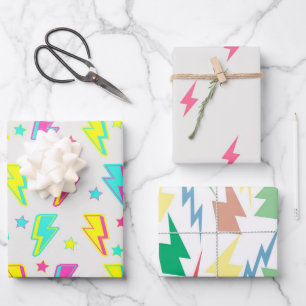 Neon Lightning Star Y2K Muster Geschenkpapier Set