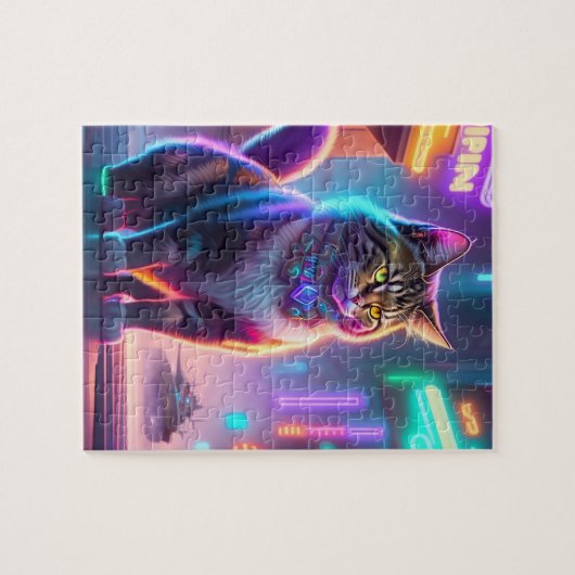 Neon Lights Colorful Futuristic Cyberpunk Cat Puzzle (Horizontal)
