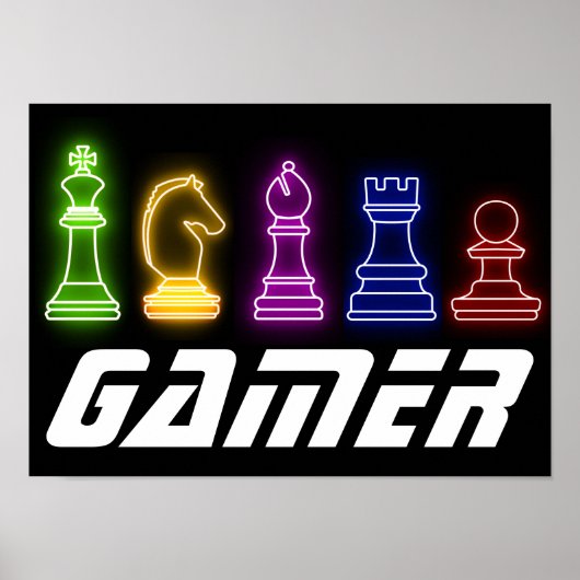 Neon Lights Gamer Schach Pieces Chess King Poster (Vorne)